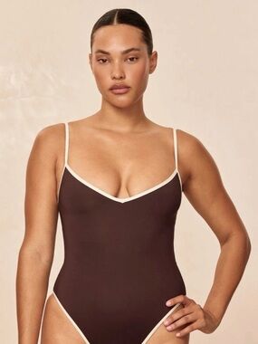 Brown One-Piece Swimsuit with Cream Trim
